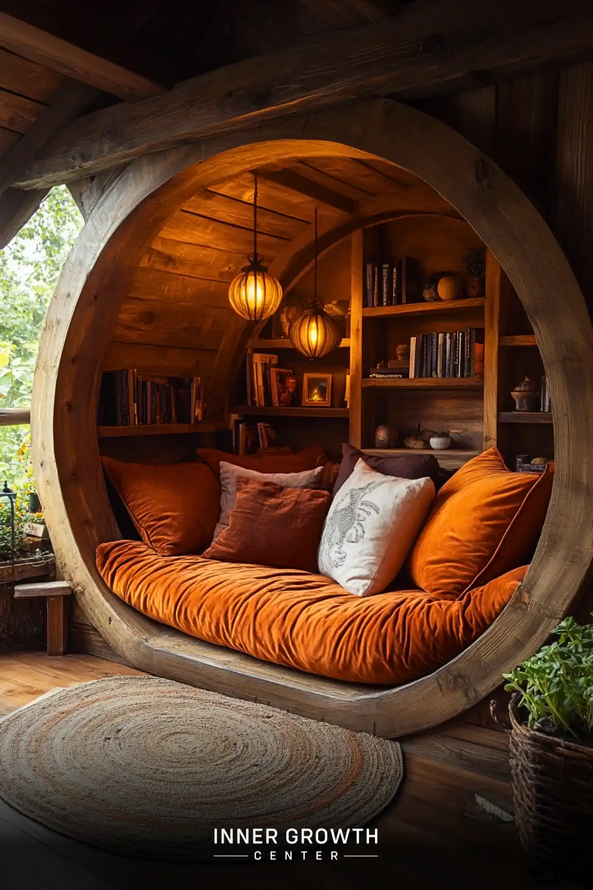 A circular wooden alcove with built-in bookshelves features a deep orange velvet cushioned seat, multiple pillows, hanging globe lights, and a circular jute rug.