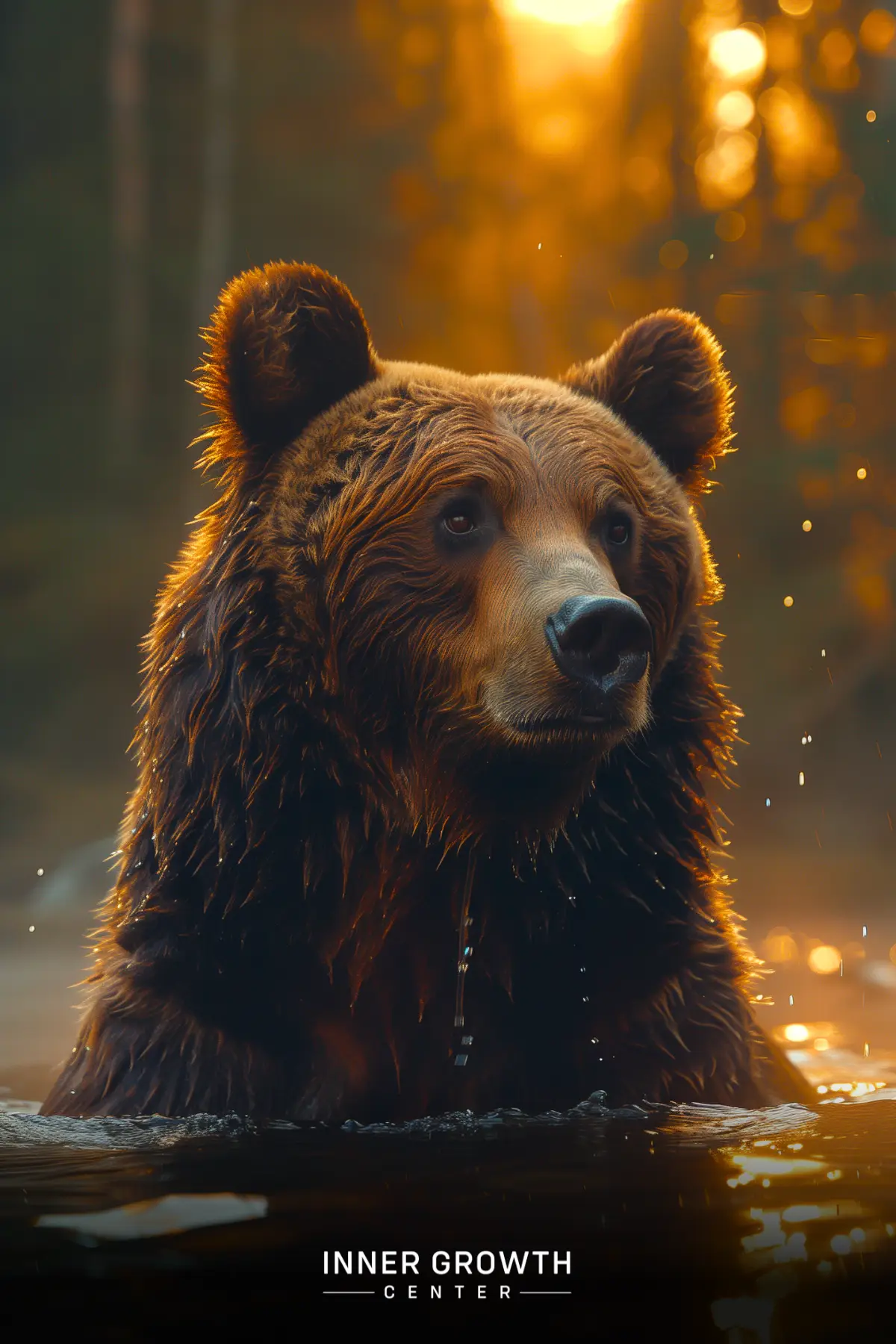 A brown bear emerging from water, backlit by golden sunlight in a forest setting.