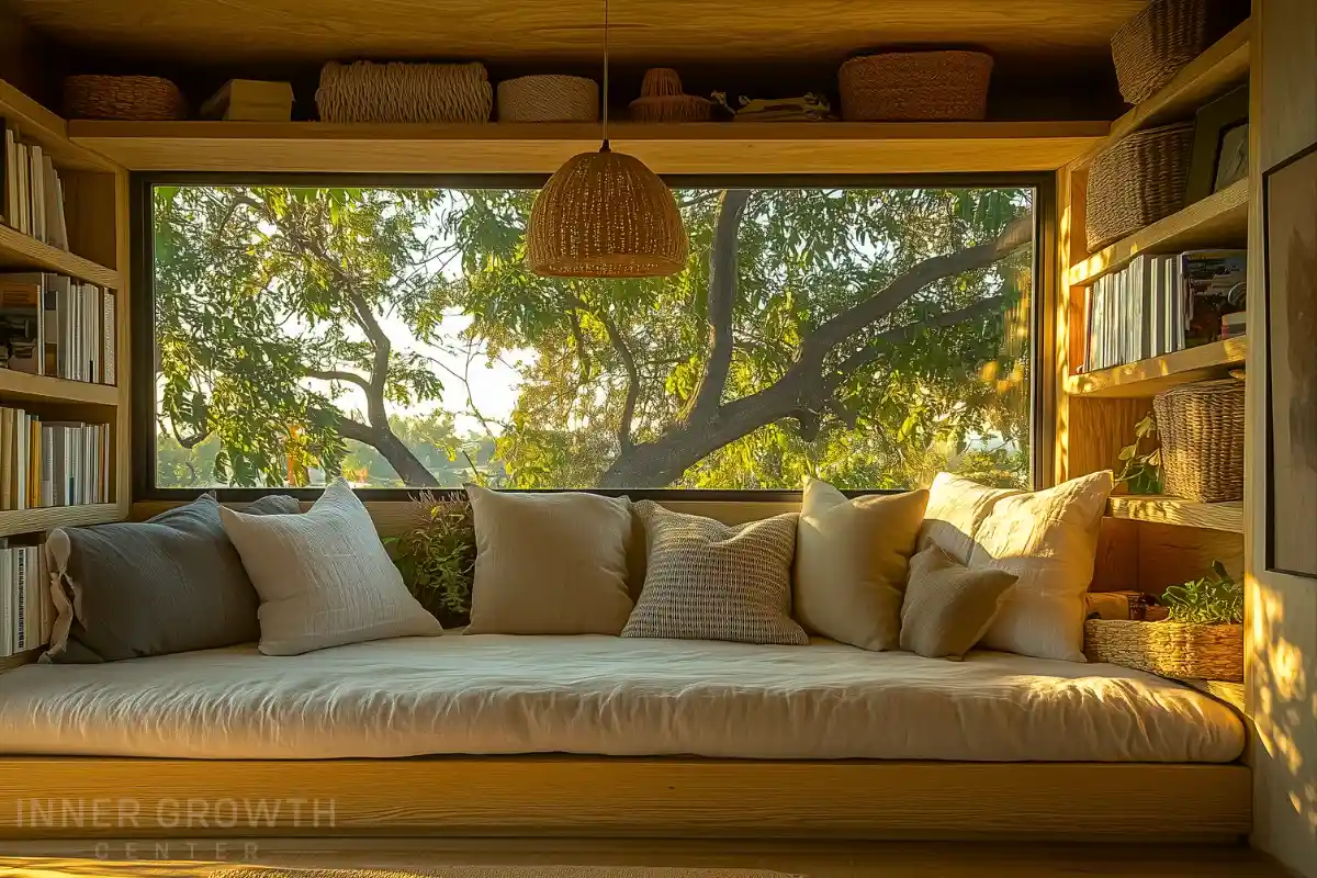 A beautiful bedroom reading nook with a wide window and day bed with pillows.