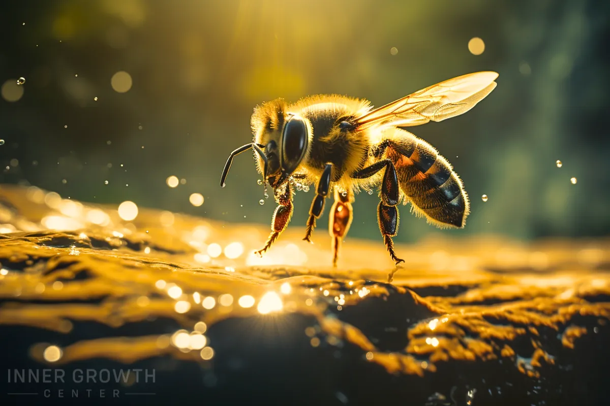 A bee glows a spiritual glow.