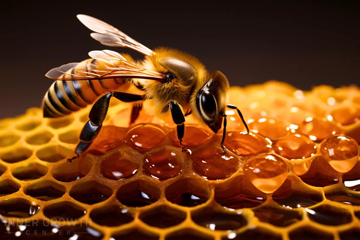 A bee eating honey symbolising abundance and prosperity.