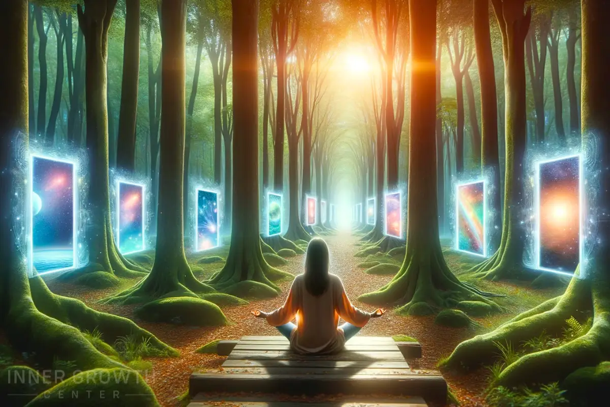 A woman meditating in the forest opening new doors of possibilities through increased vibration.