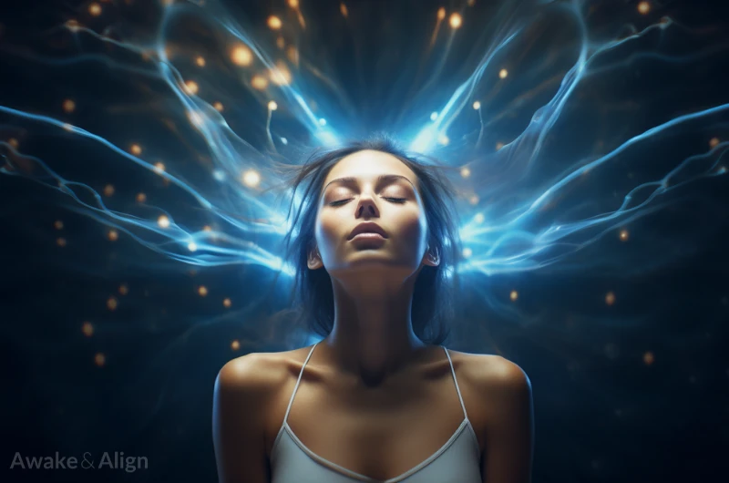 A woman with eyes shut and blue spiritual energy surrounding her.