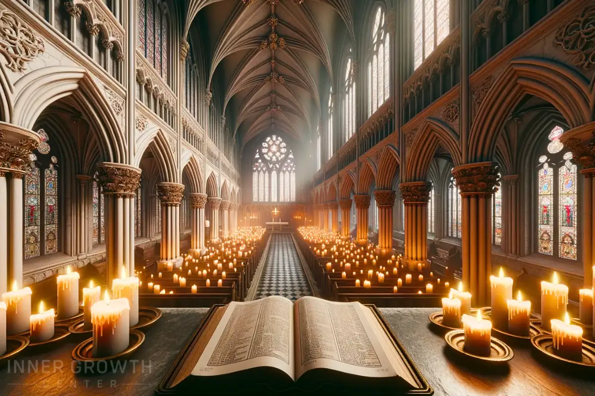 A bible in a church filled with candles as flickering lights.