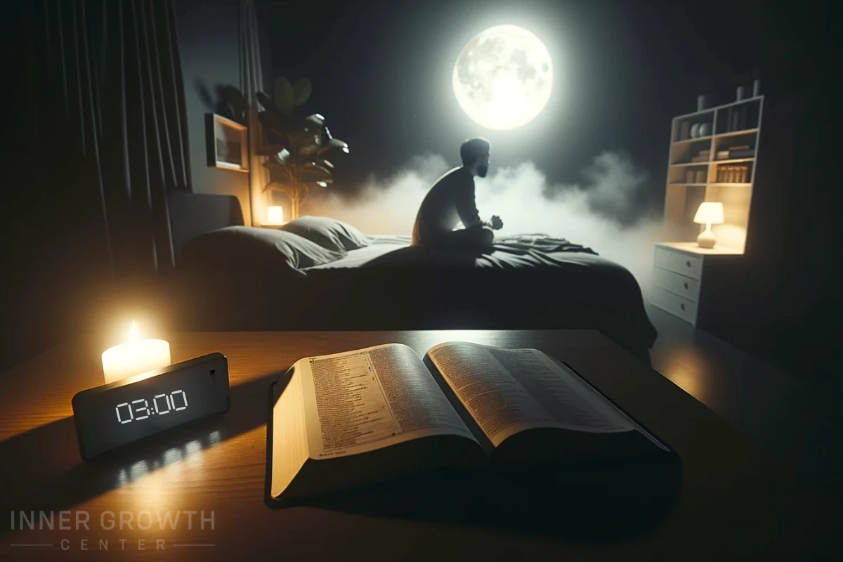 A man sits up in bed at 3am symbolising the biblical meaning of waking up at 3am.