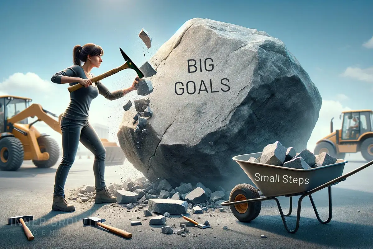 A woman chips away a boulder that says "Big Goals" into smaller rocks that says "Small Steps"