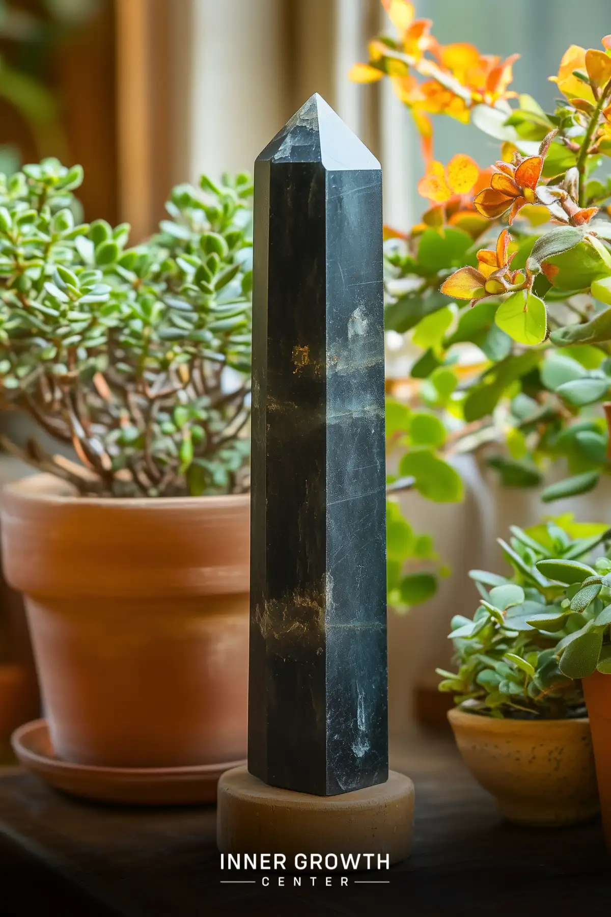 A tall black tourmaline obelisk stands on a wooden base among potted succulents, creating a protective meditation centerpiece