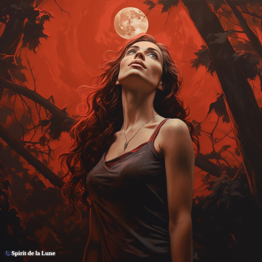 A painting of a woman looking up at the moon in a red sky, in the woods symbolizing a blood moon.