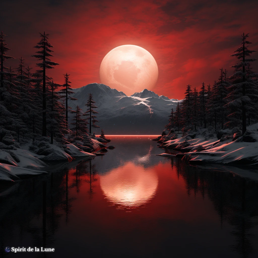 A red moon is seen over a lake with trees in the background symbolizing a blood moon.