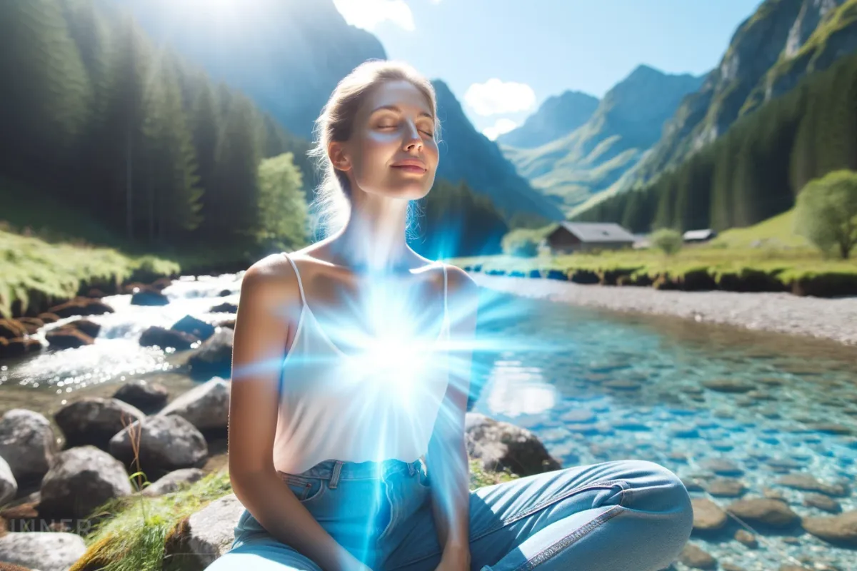 A woman meditating with a blue aura.