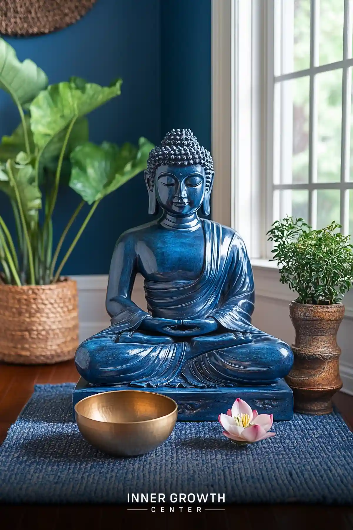 Large blue Buddha statue with singing bowl and lotus flower on a blue rug, surrounded by plants