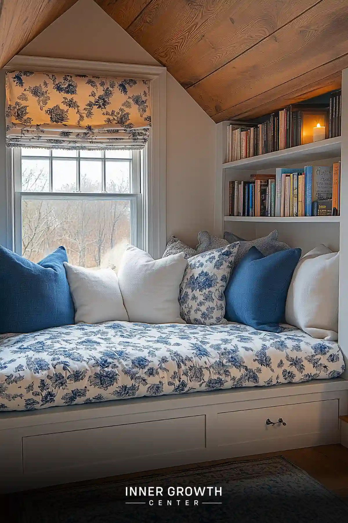 Built-in window seat beneath sloped wooden ceiling features coordinating blue and white floral fabric on cushions, pillows and roman shade, with integrated bookshelves.