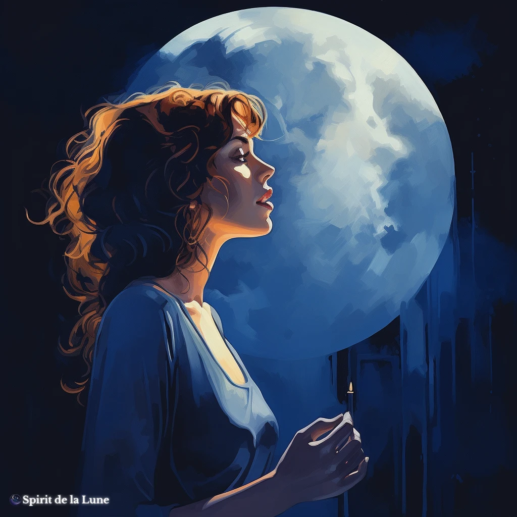 A painting of a woman looking up at the moon considering blue moon affirmations.