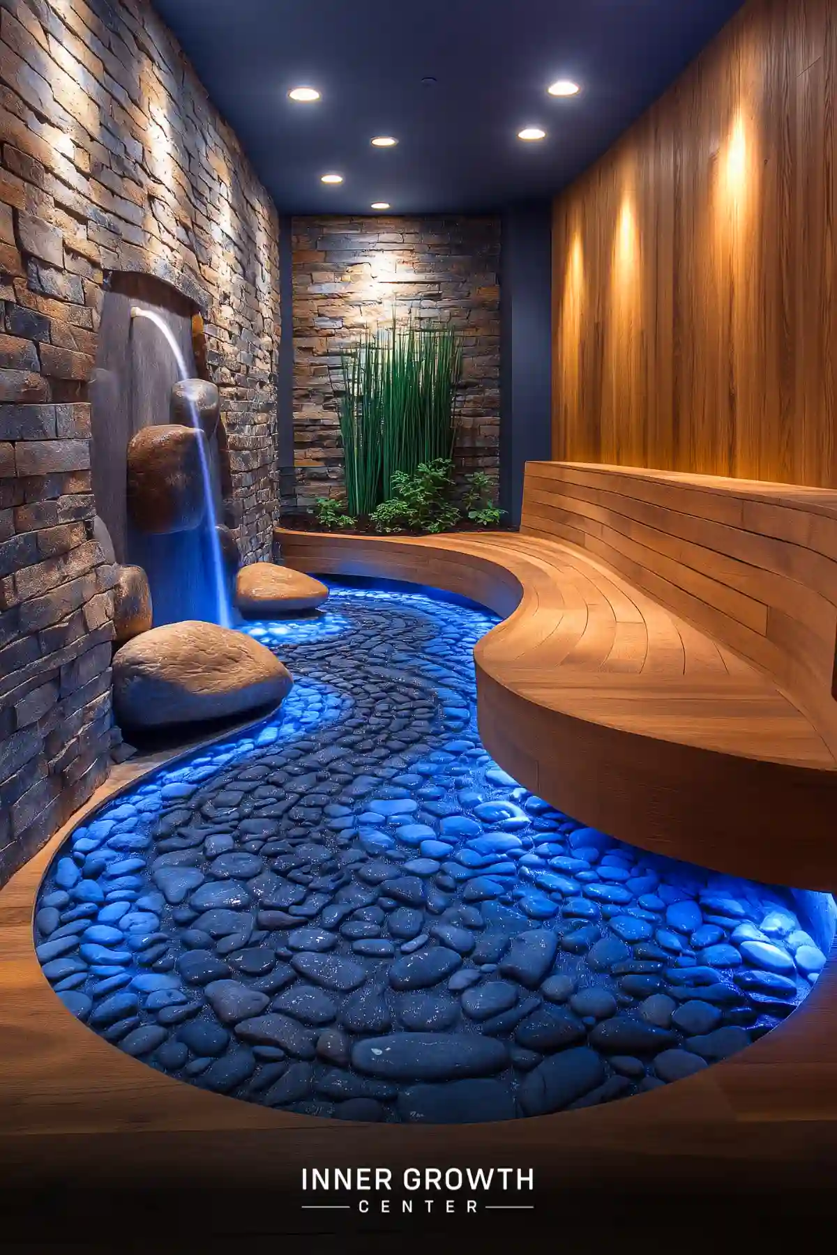 A serene indoor meditation space with a flowing blue water feature, stone walls, and wooden seating.