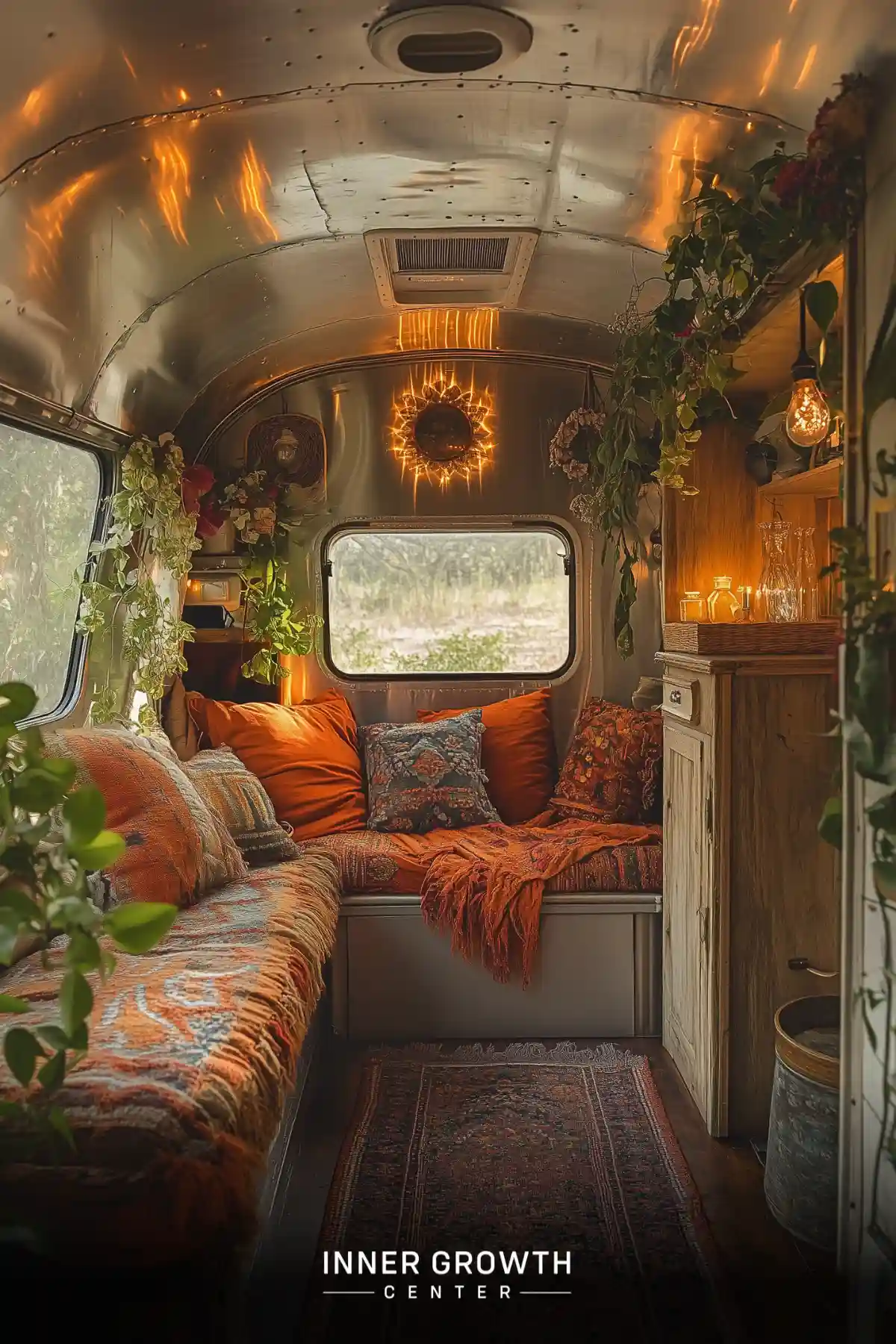 A cozy Airstream interior with warm lighting, plush orange cushions, hanging plants, and a sunburst light fixture.