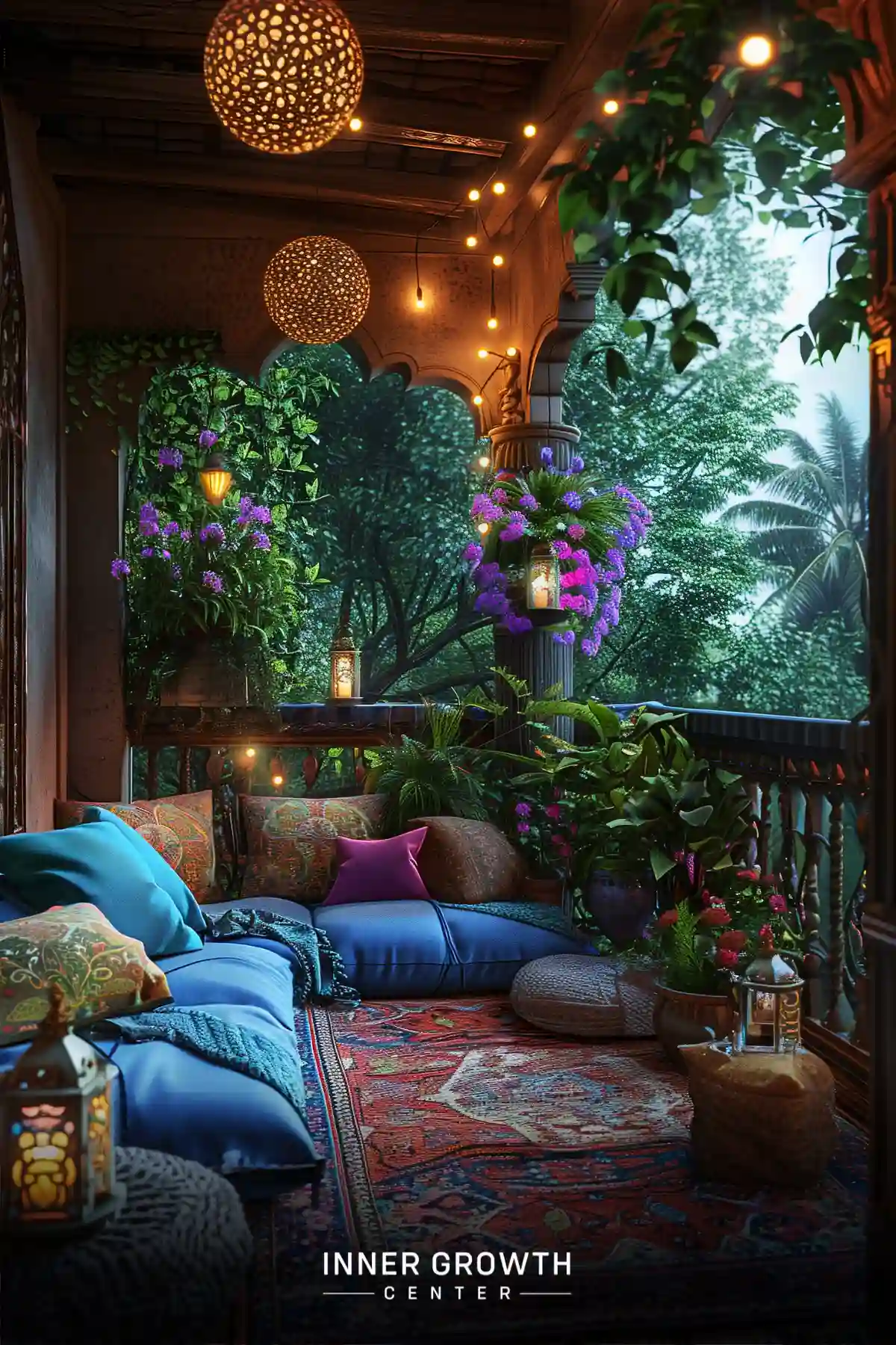 A cozy balcony filled with lush plants, colorful cushions, and warm lighting creates a serene meditation space.