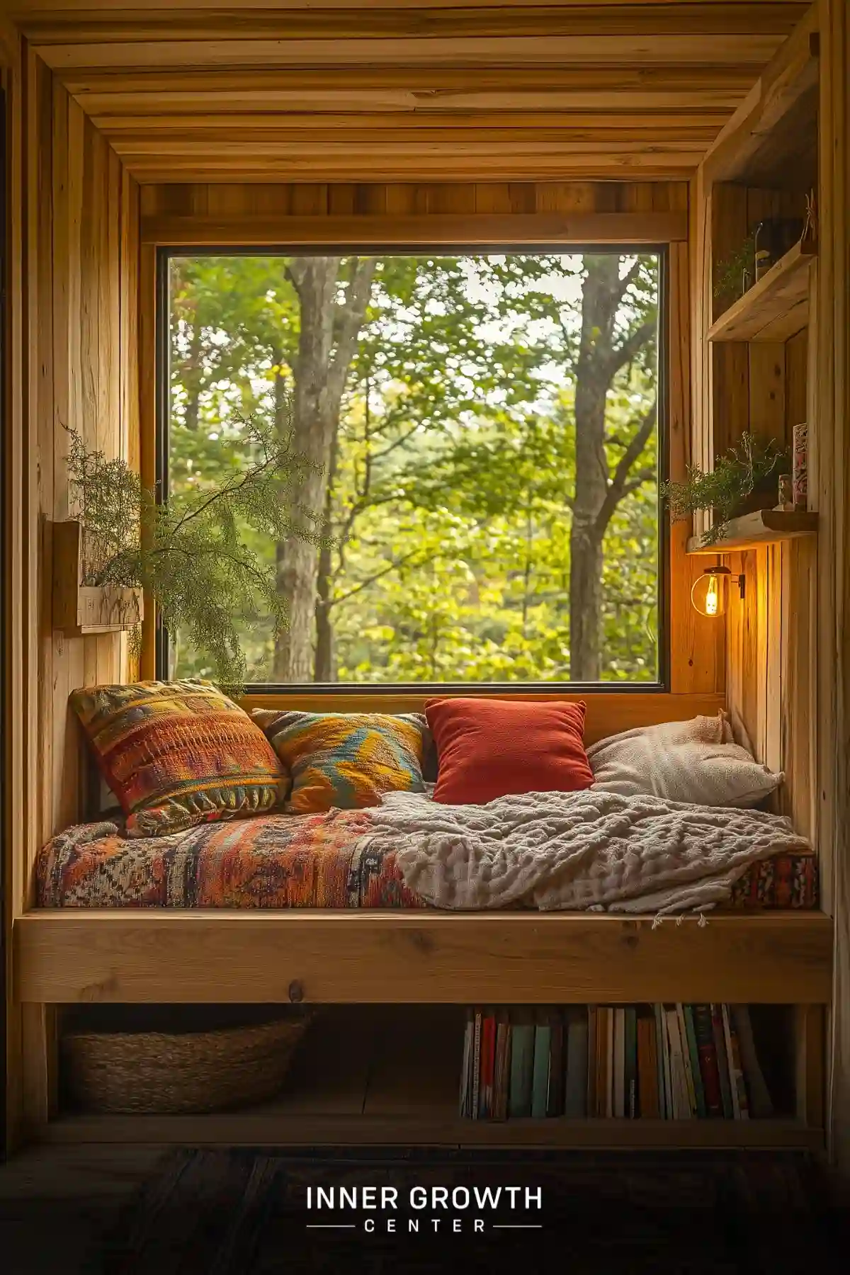 A cozy wooden window nook with colorful tribal-print cushions, blankets, and bookshelves overlooking a sunlit forest