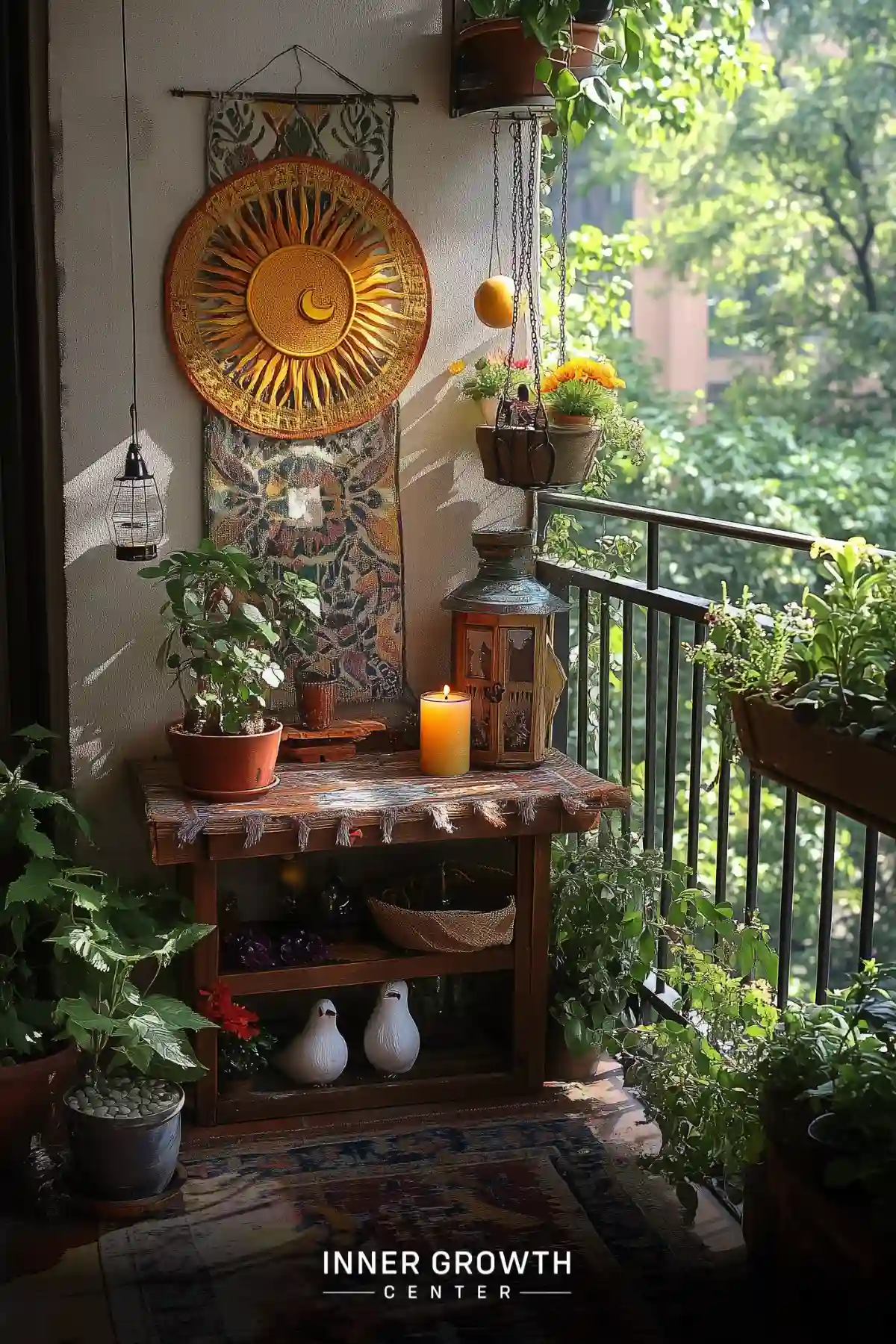 A cozy balcony decorated with plants, tapestries, and spiritual objects forms a DIY altar space.