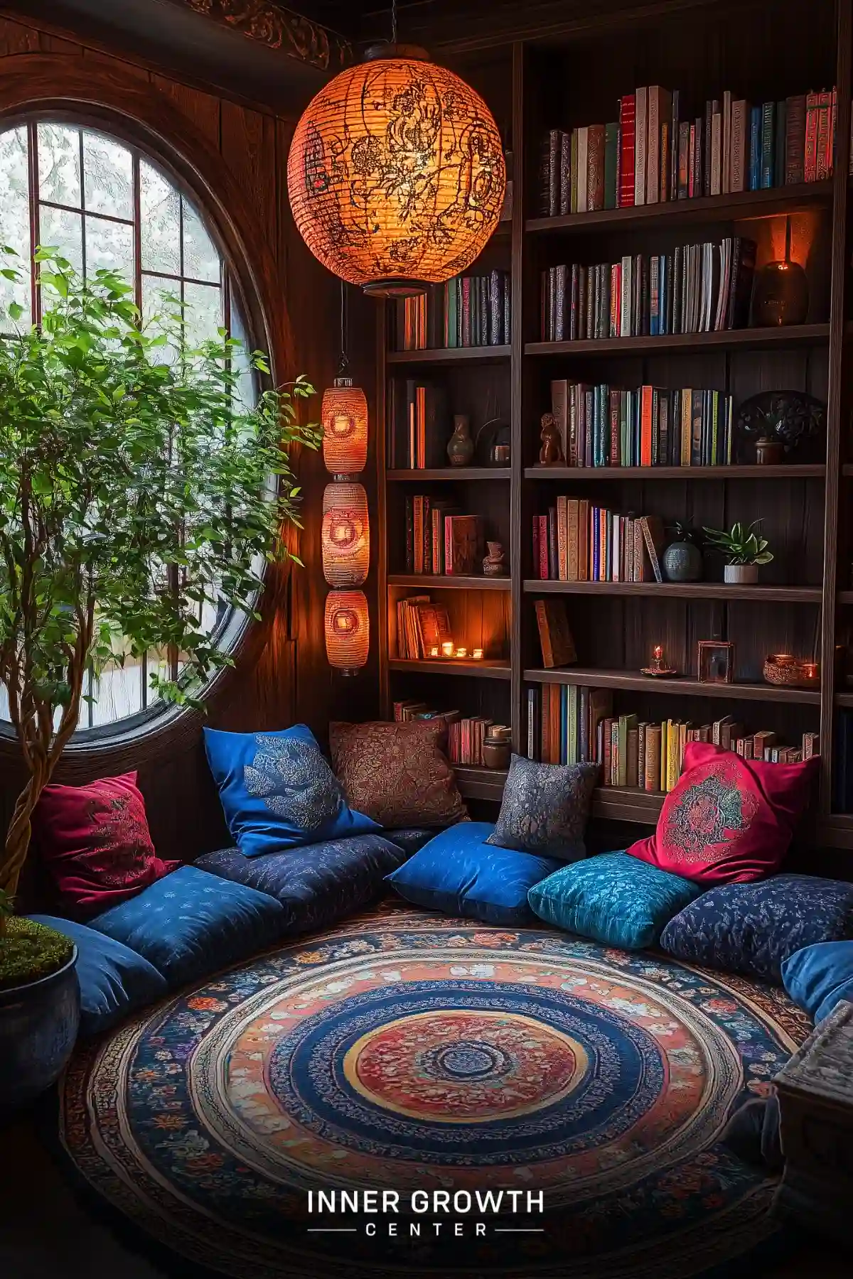 A cozy library corner with colorful cushions, paper lanterns, and a circular window overlooking greenery.