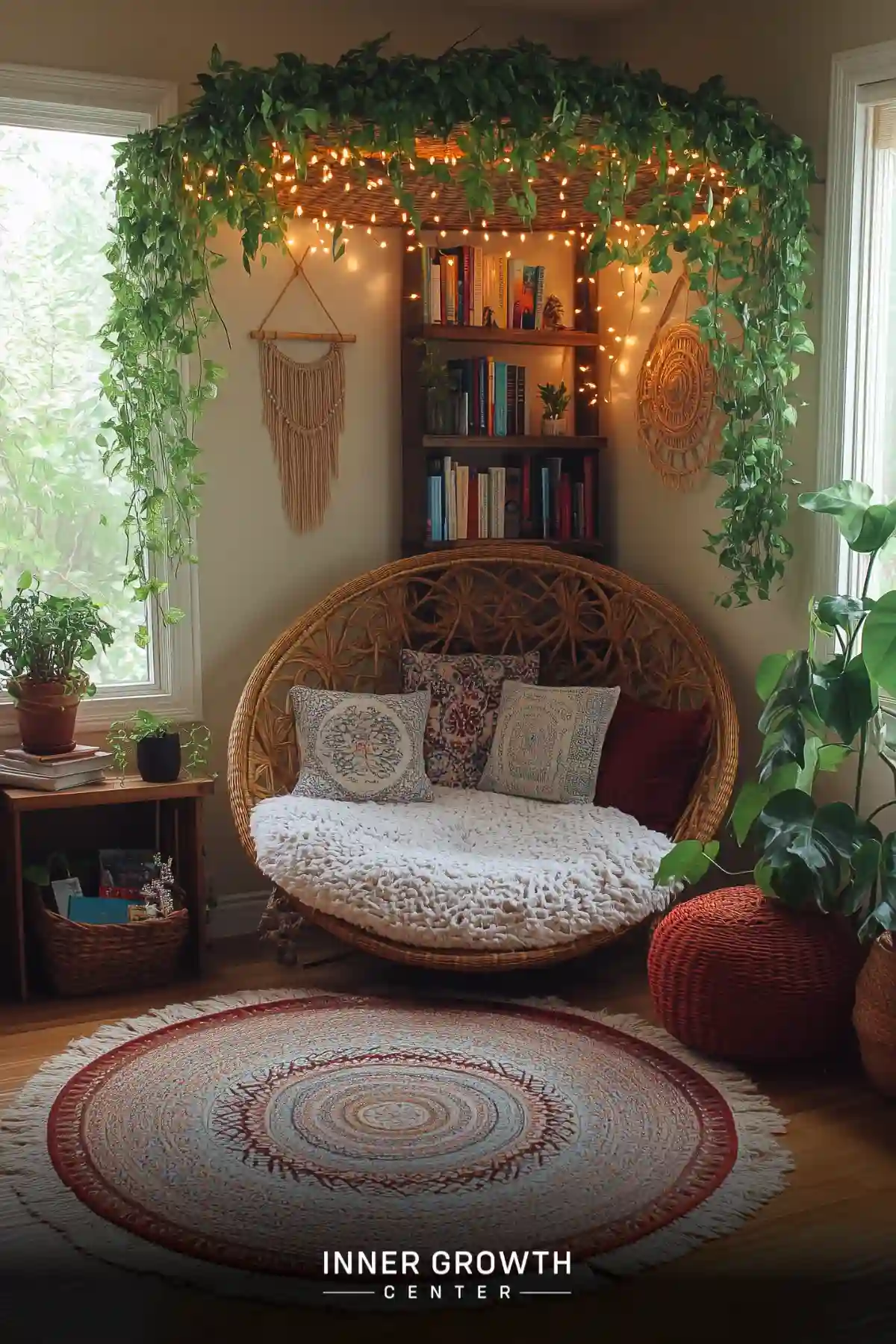 A cozy corner with a wicker chair, bookshelves, and hanging plants creates a serene reading nook.