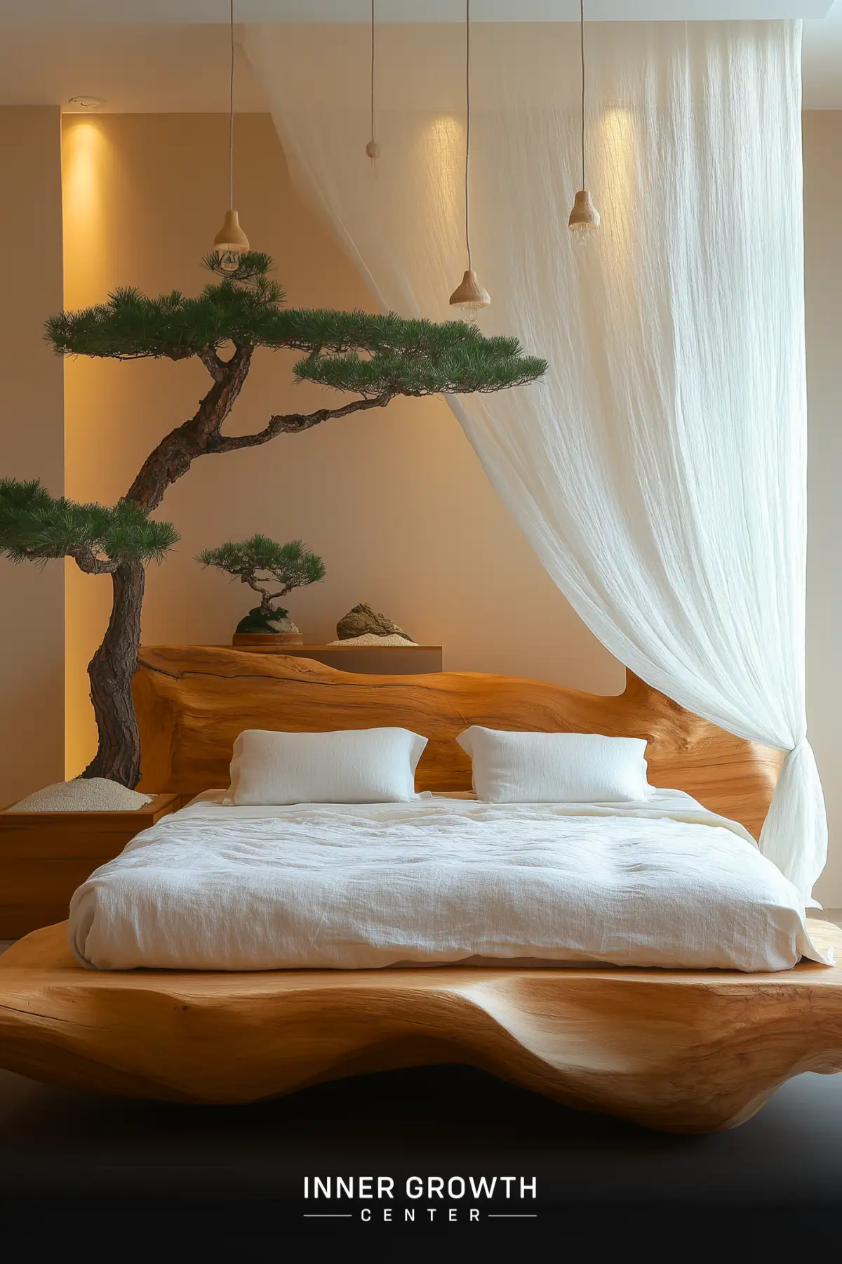 Serene bedroom featuring a wooden platform bed, bonsai tree, and sheer white curtain.