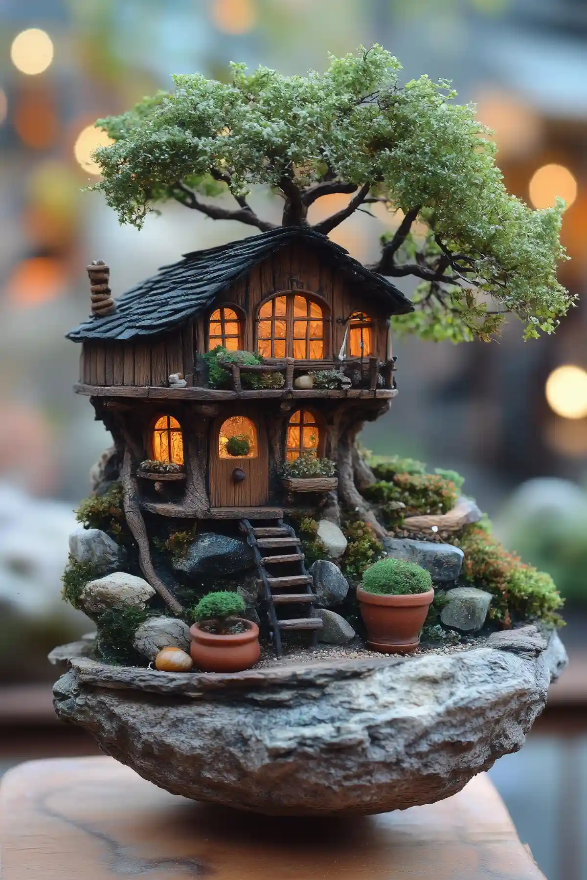 A miniature two-story wooden house built into a living bonsai tree, featuring glowing windows and wooden stairs, set on a natural stone base with tiny potted plants.