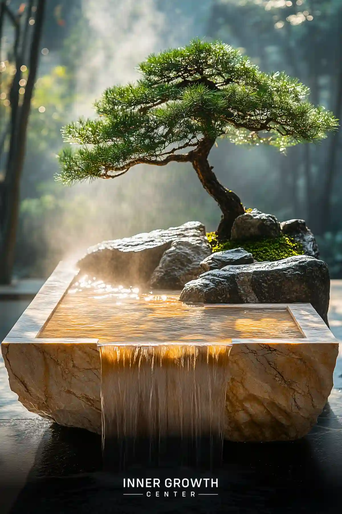 A miniature bonsai tree perched atop a stone fountain with cascading water, creating a serene zen atmosphere.