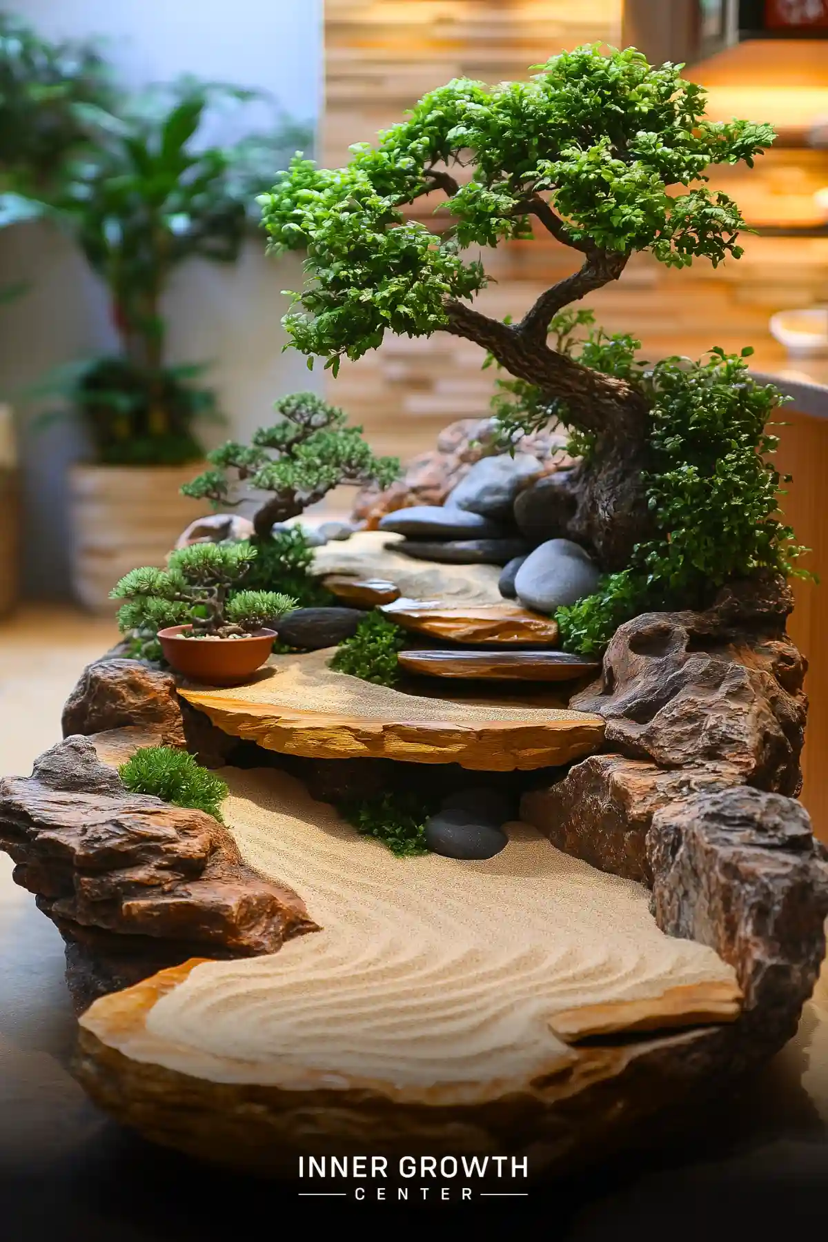 A miniature garden featuring curved bonsai trees and raked sand patterns nestled among natural rocks and wooden platforms.