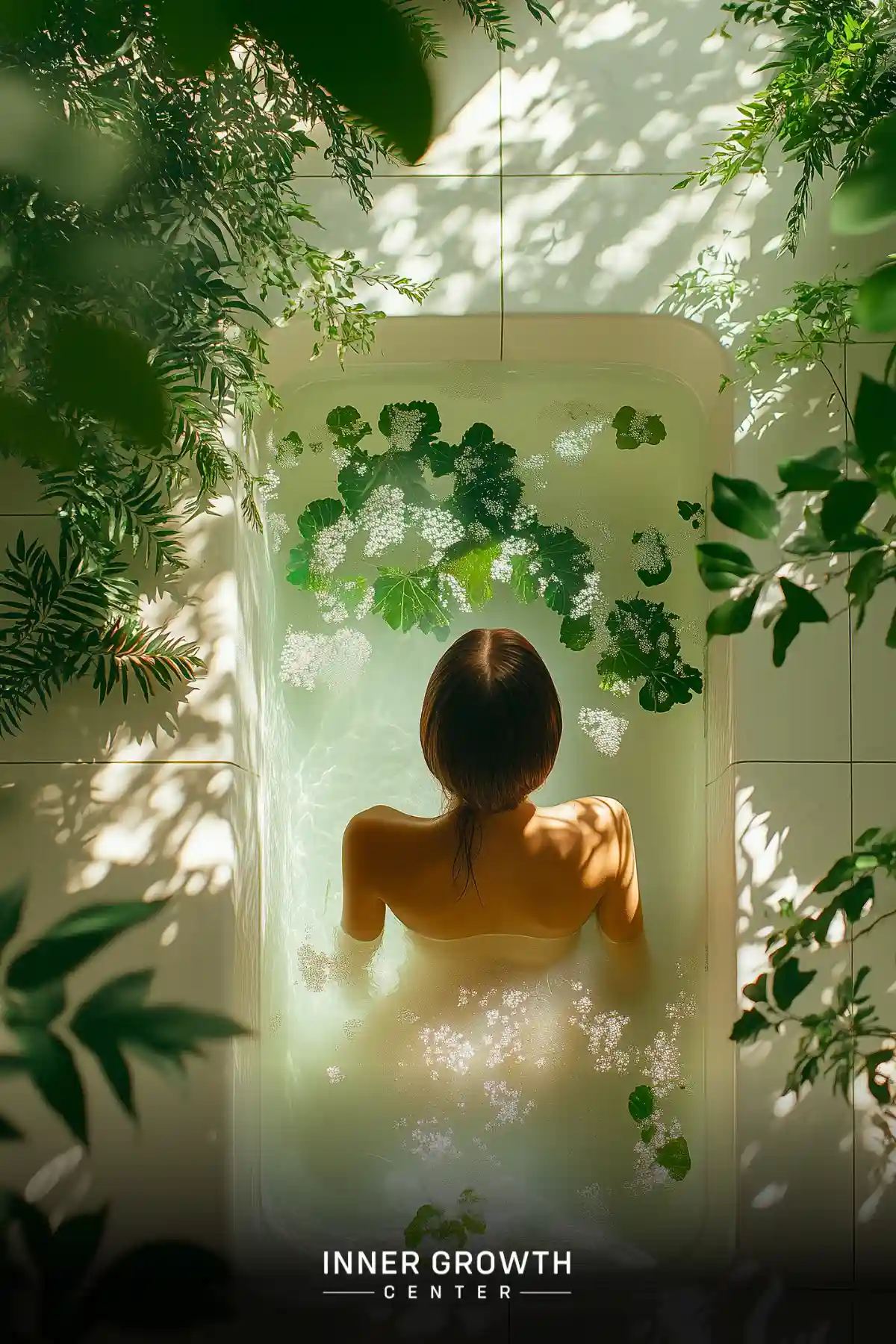 A woman soaks in a bathtub filled with floating leaves and flowers, surrounded by lush green plants.