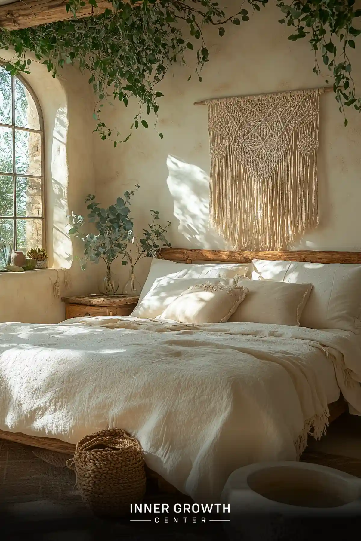 Serene bedroom with white bedding, macramé wall hanging, arched window, and trailing plants creating a bohemian meditation space.