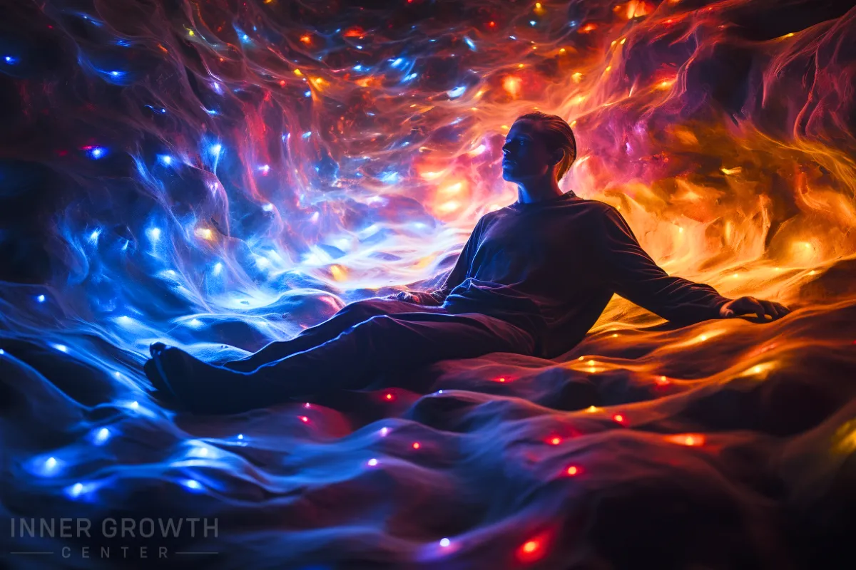 A man lying on comfortable clouds of colour and light.