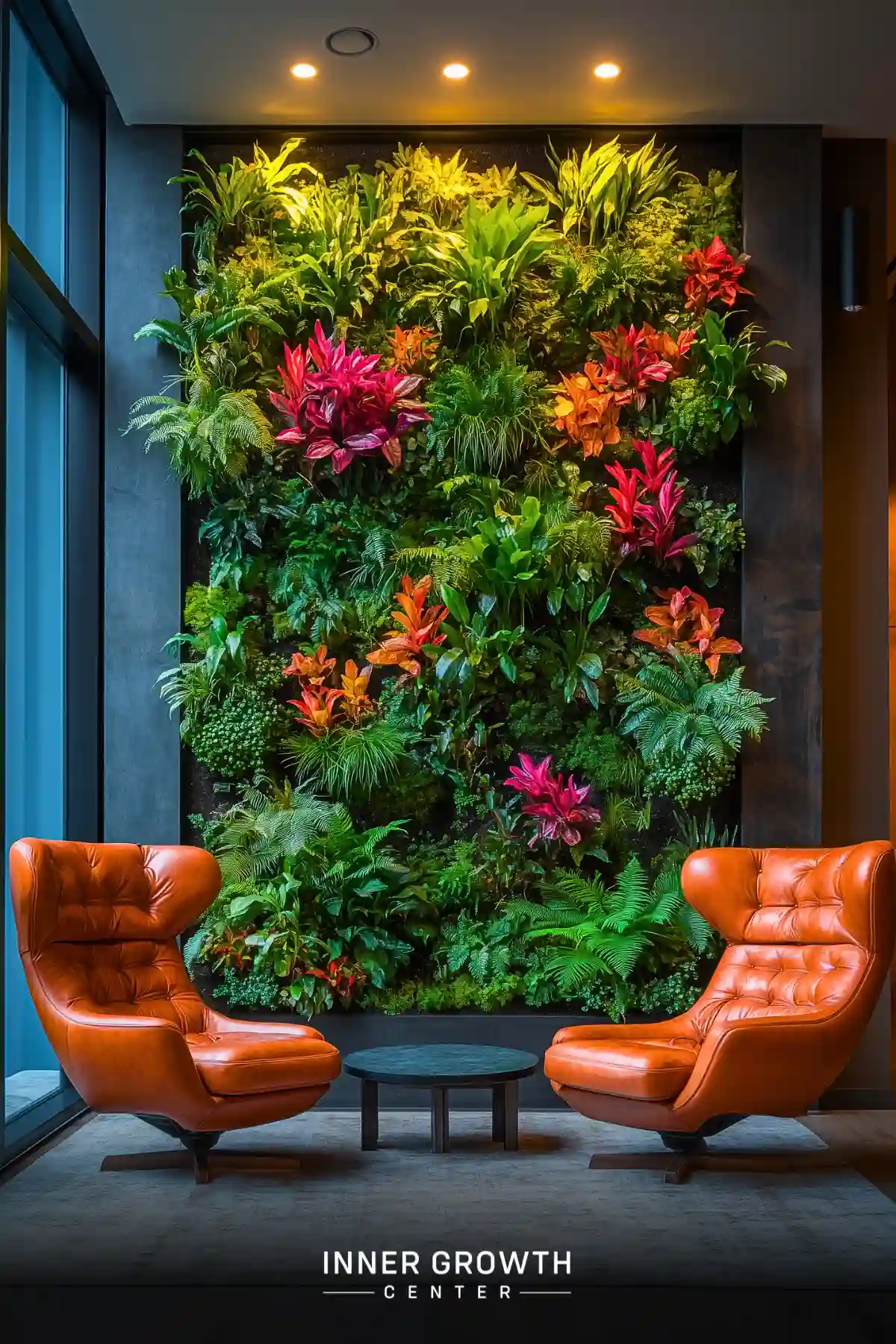 A modern seating area features two orange leather lounge chairs facing a vibrant living wall filled with colorful bromeliads and tropical plants.