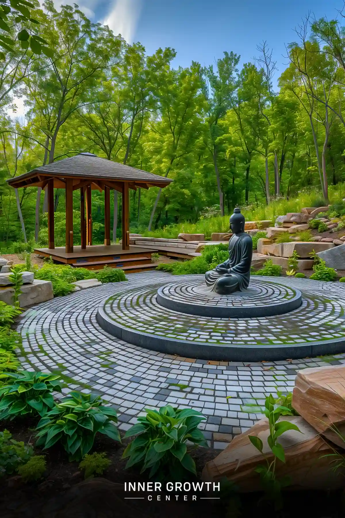 A serene outdoor meditation space with a circular paved area, Buddha statue, and wooden pavilion surrounded by lush greenery.