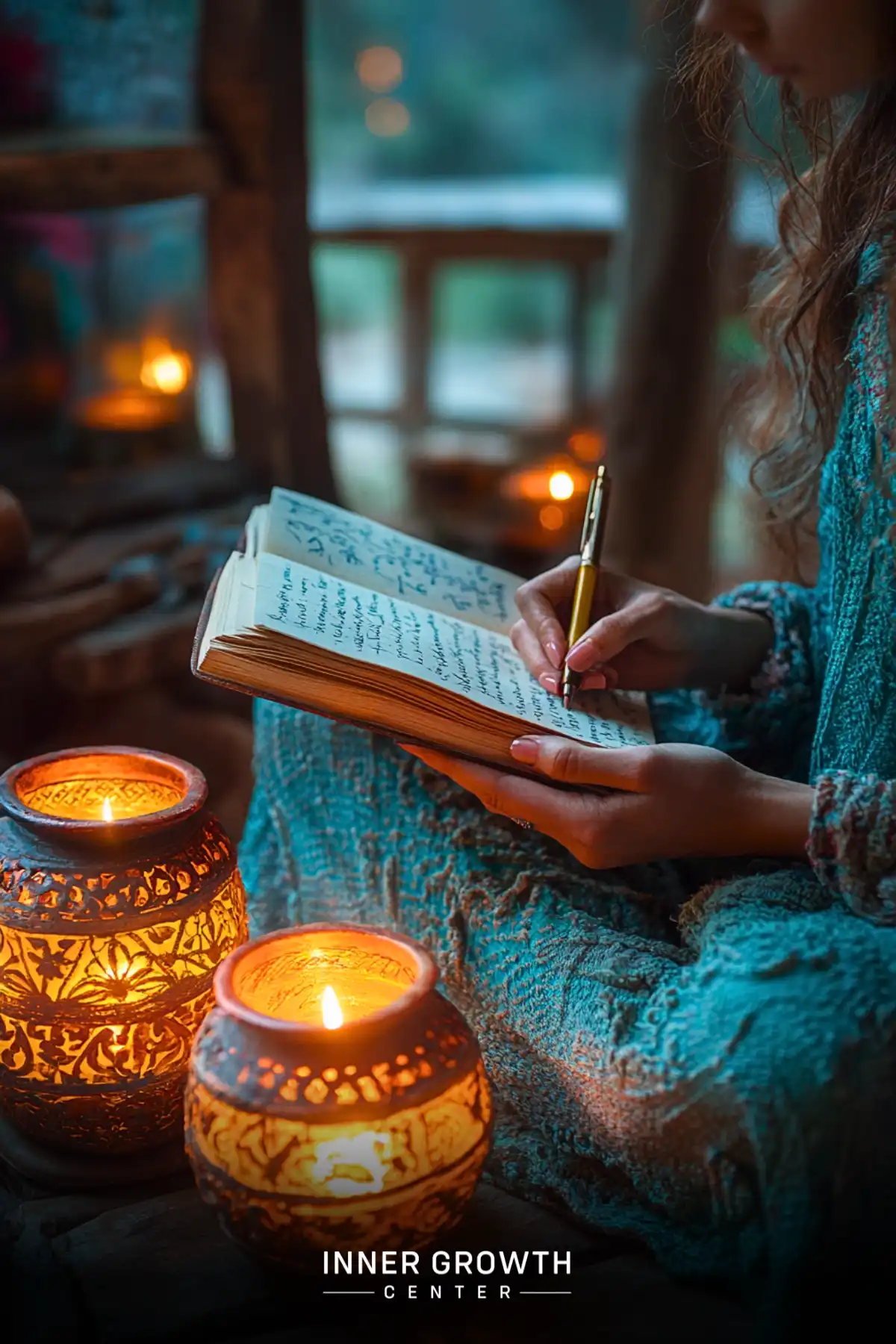 A person writes in a journal by candlelight, surrounded by ornate lanterns creating a cozy atmosphere for spiritual reflection.