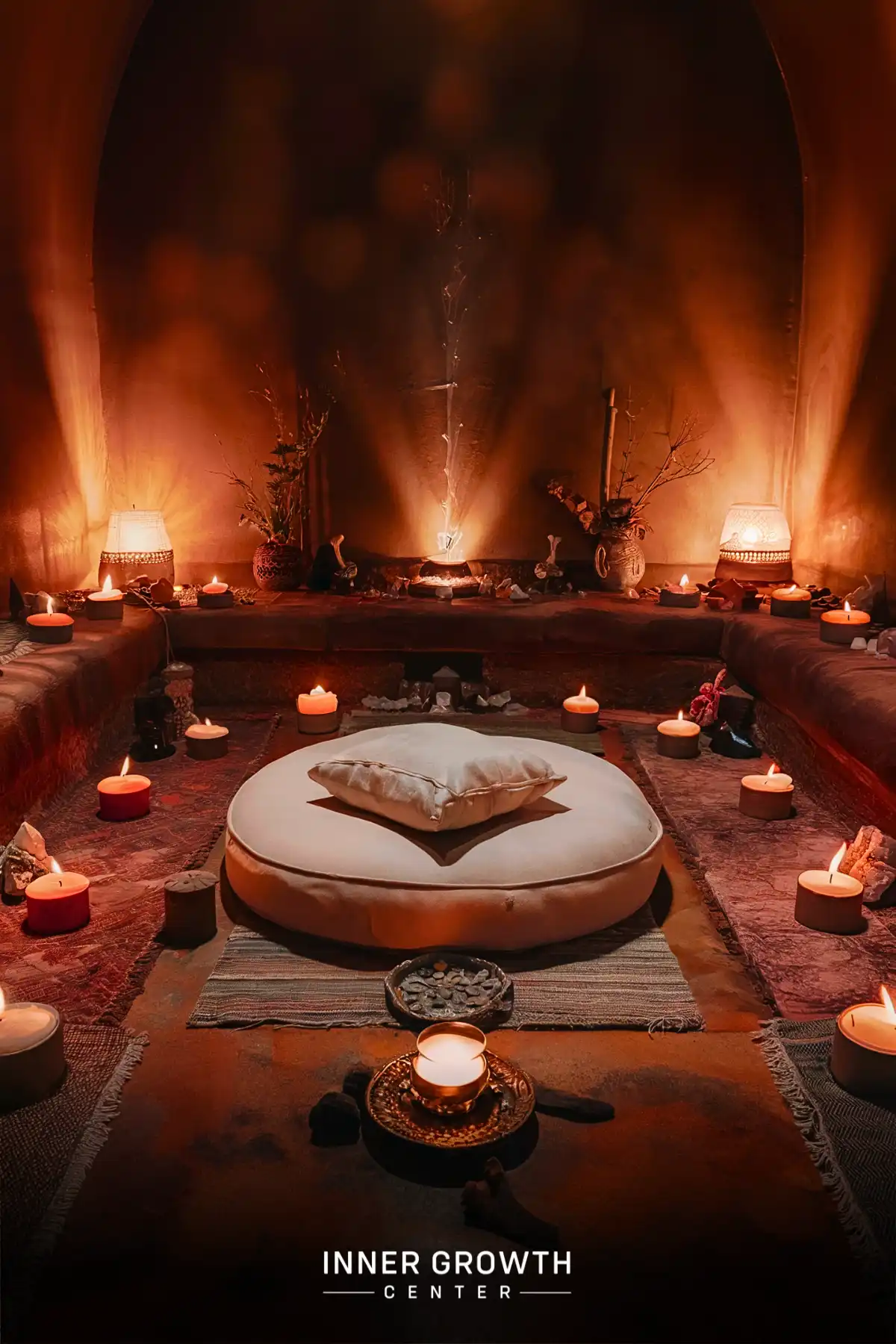 A cozy meditation space with a circular cushion surrounded by glowing candles in a warm, dimly lit room.