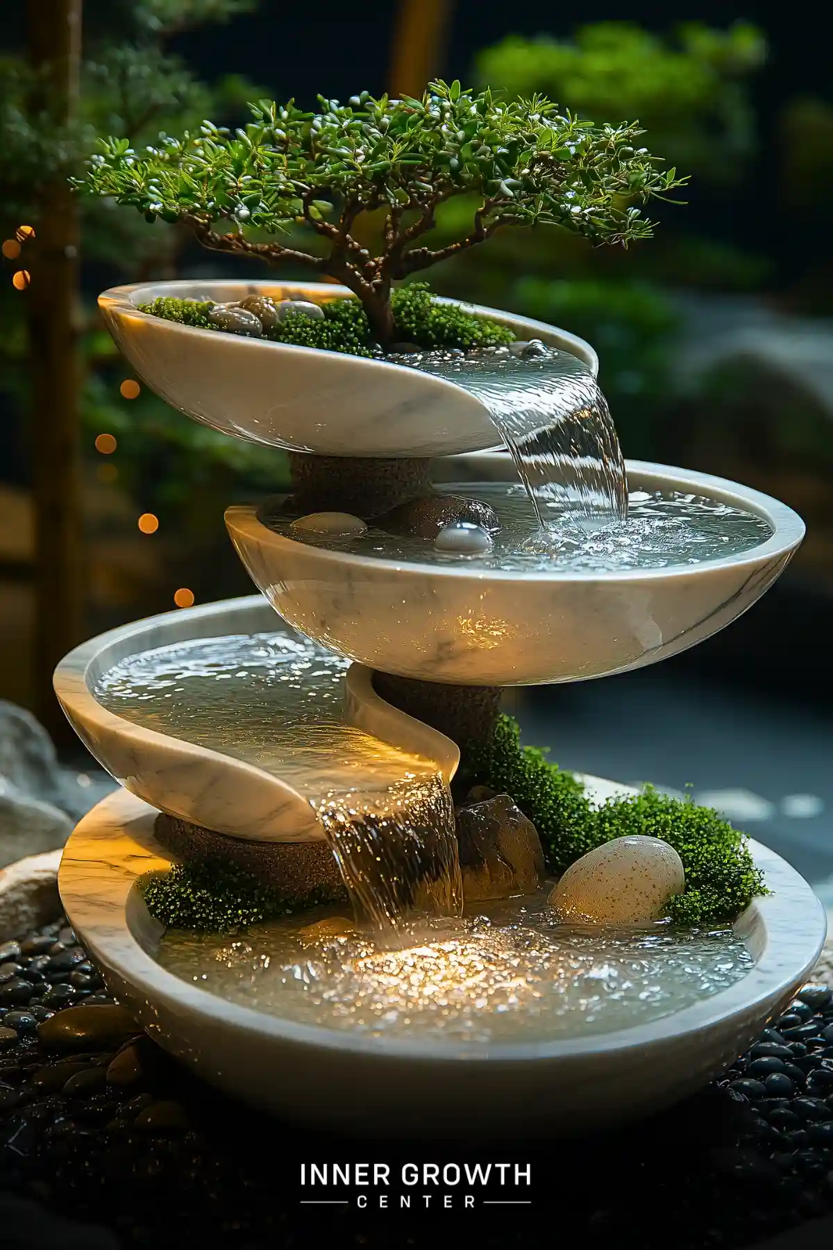 A multi-tiered ceramic fountain with a bonsai tree on top, creating a serene water flow.