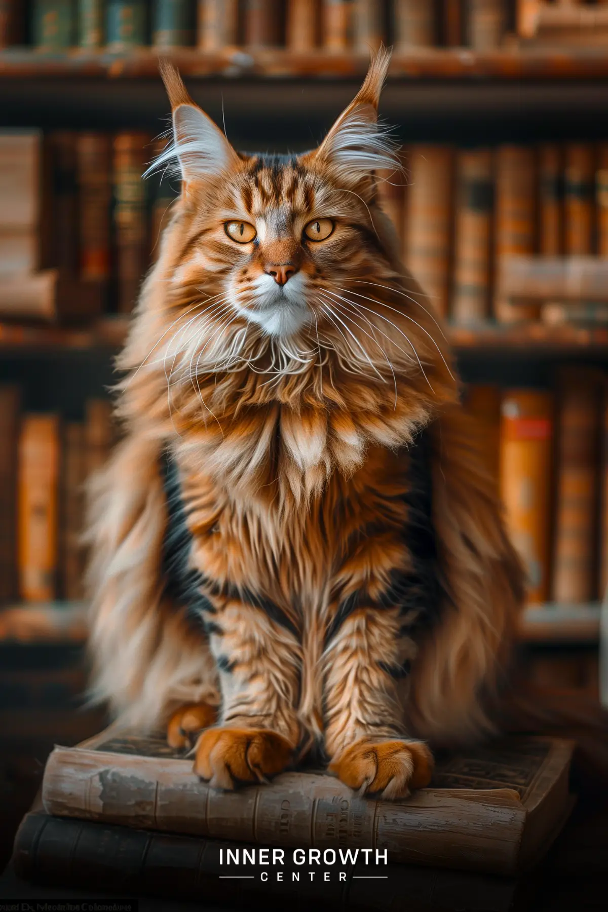 A majestic Maine Coon cat with long fur sits on books in front of a bookshelf