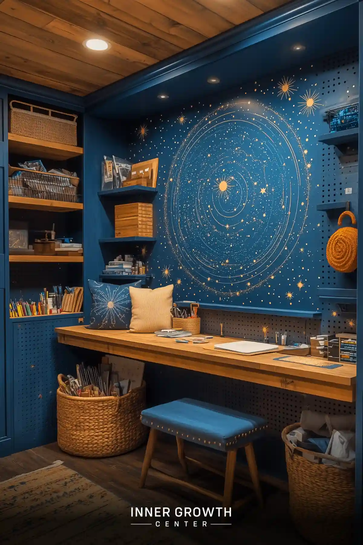 A creative workspace with deep blue walls featuring golden spiral galaxy artwork, wooden desk, organized shelving, and woven storage baskets in a cozy home office setting.