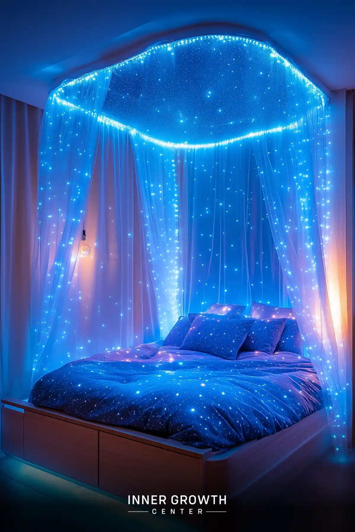 Bed with starry blue canopy and twinkling lights, creating a magical night sky effect.