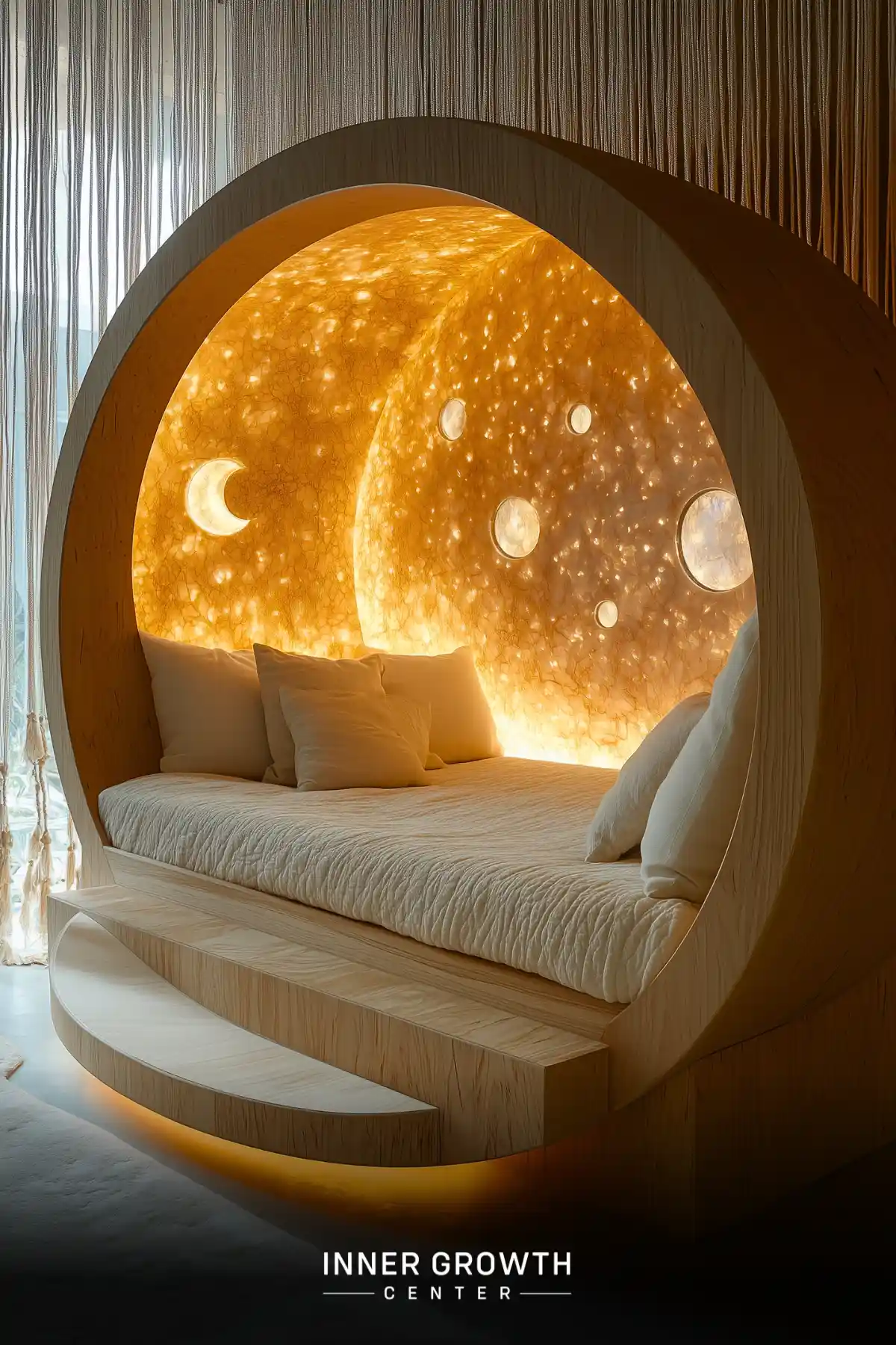 Circular wooden alcove with a daybed, illuminated by a starry golden backdrop with moon-shaped cutouts.