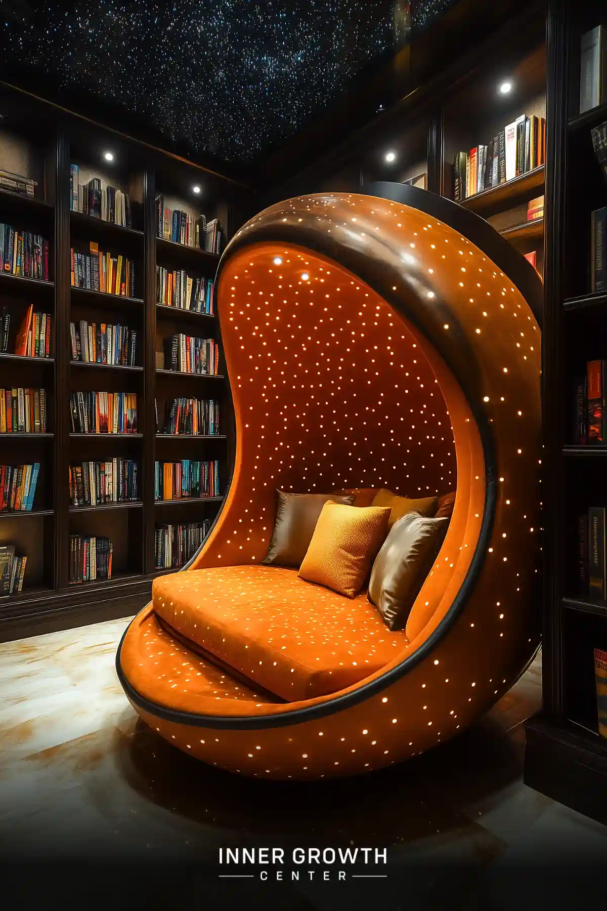 A cozy orange egg-shaped reading chair with twinkling lights in a starry library setting