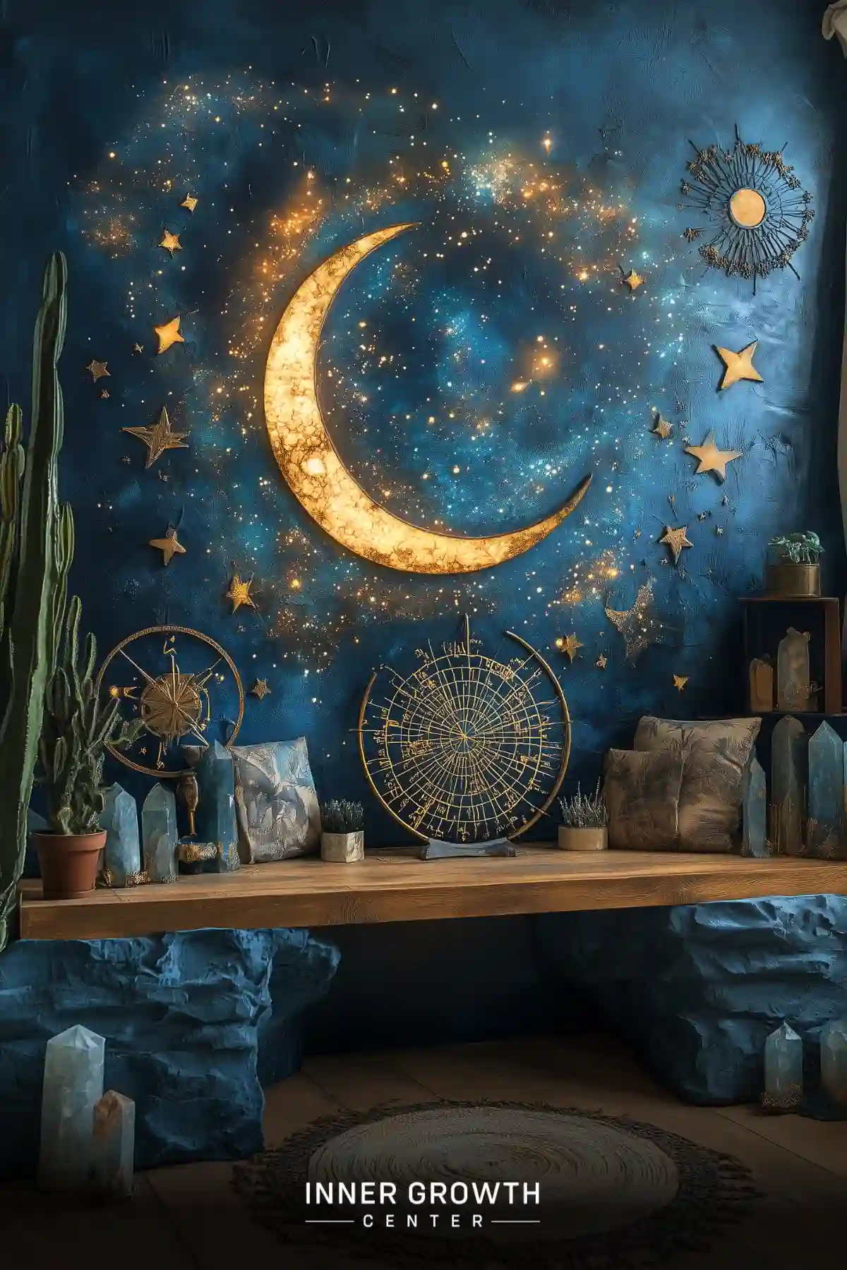 Mystical blue room with glowing crescent moon, stars, and astrological decor on a wooden shelf