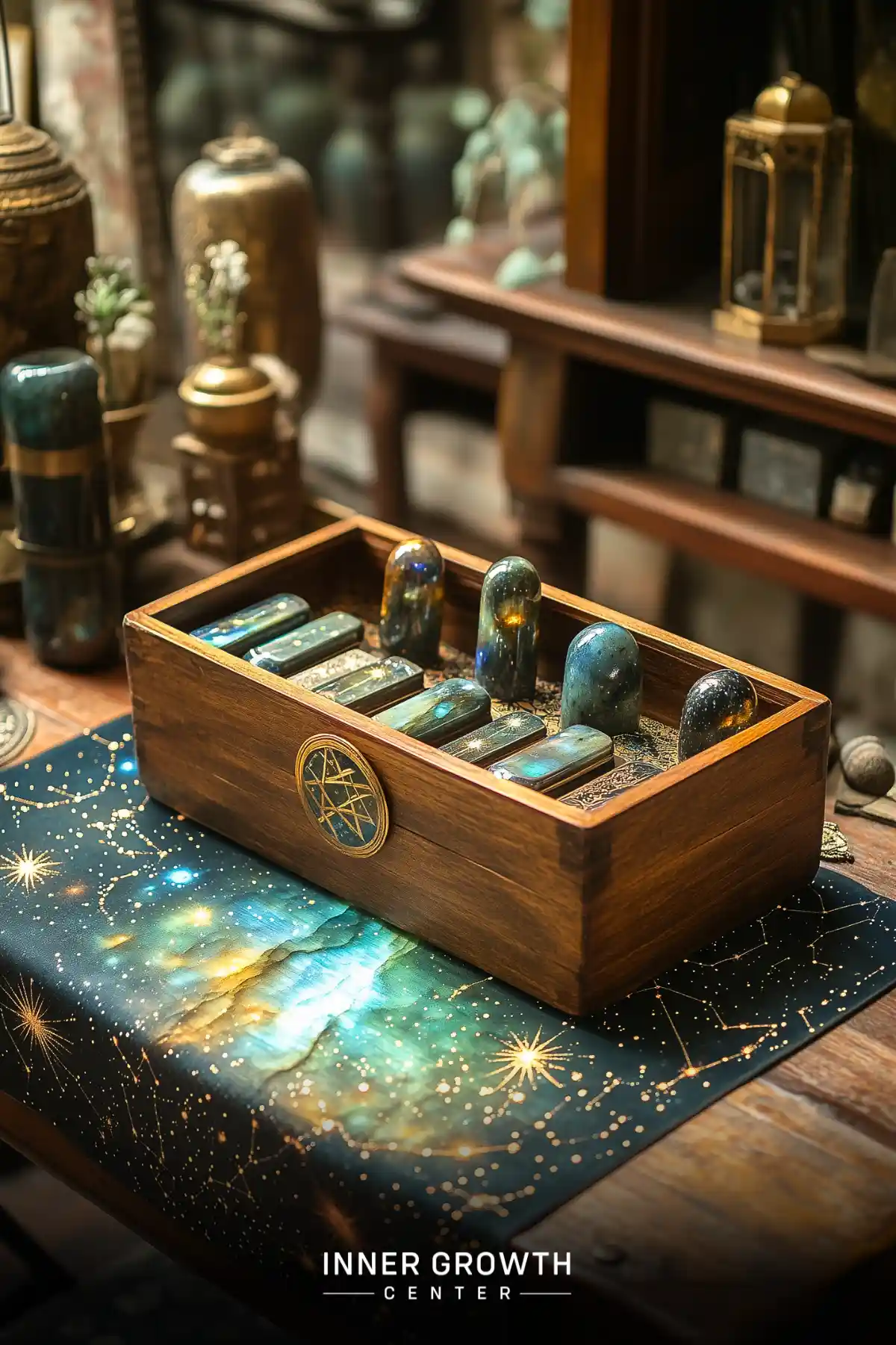 A handcrafted wooden box displays labradorite towers and crystals on a cosmic-themed mat with constellation designs