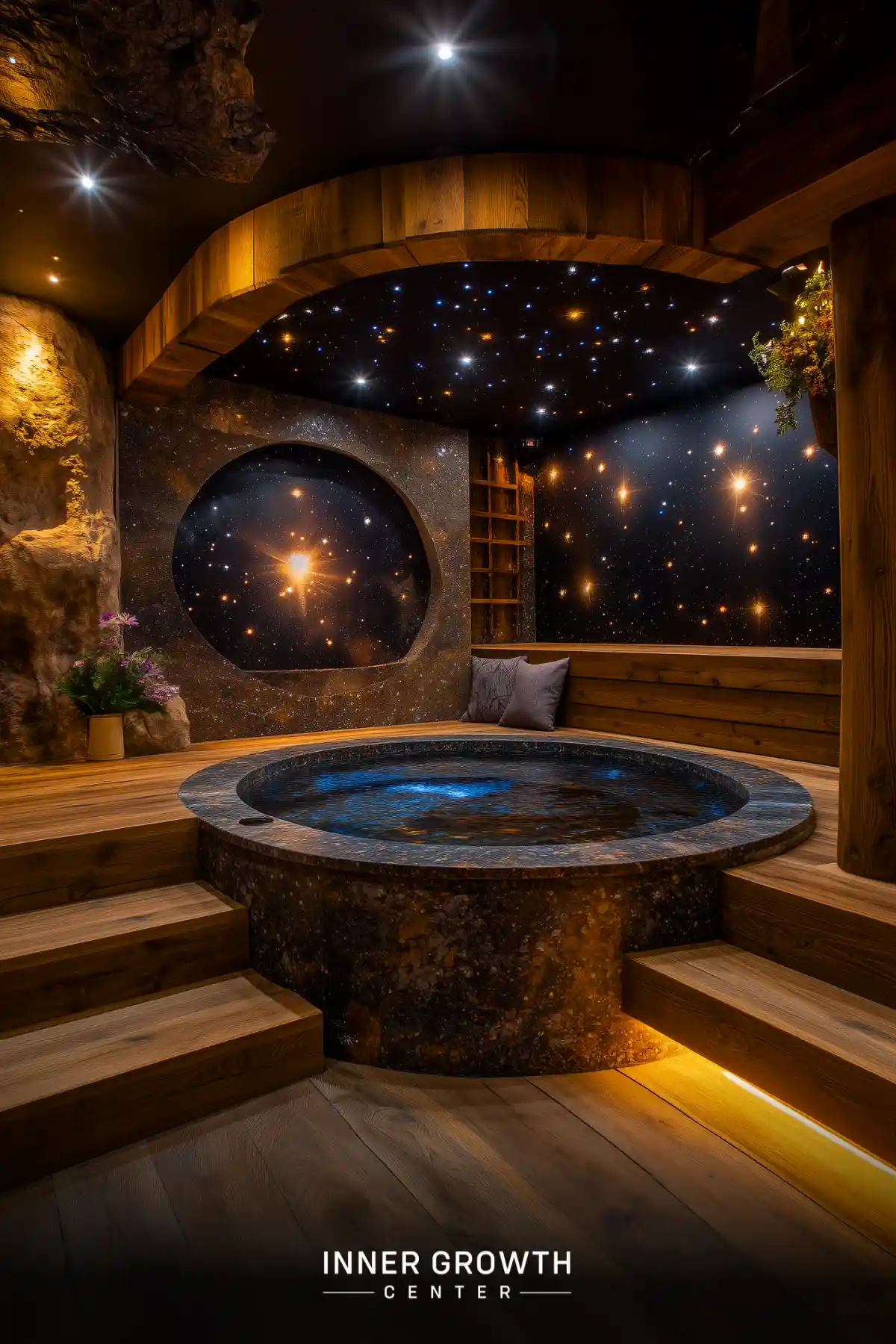 A circular hot spring bath surrounded by wooden steps and cosmic-themed walls featuring starry night murals and ambient lighting in a cave-like setting.