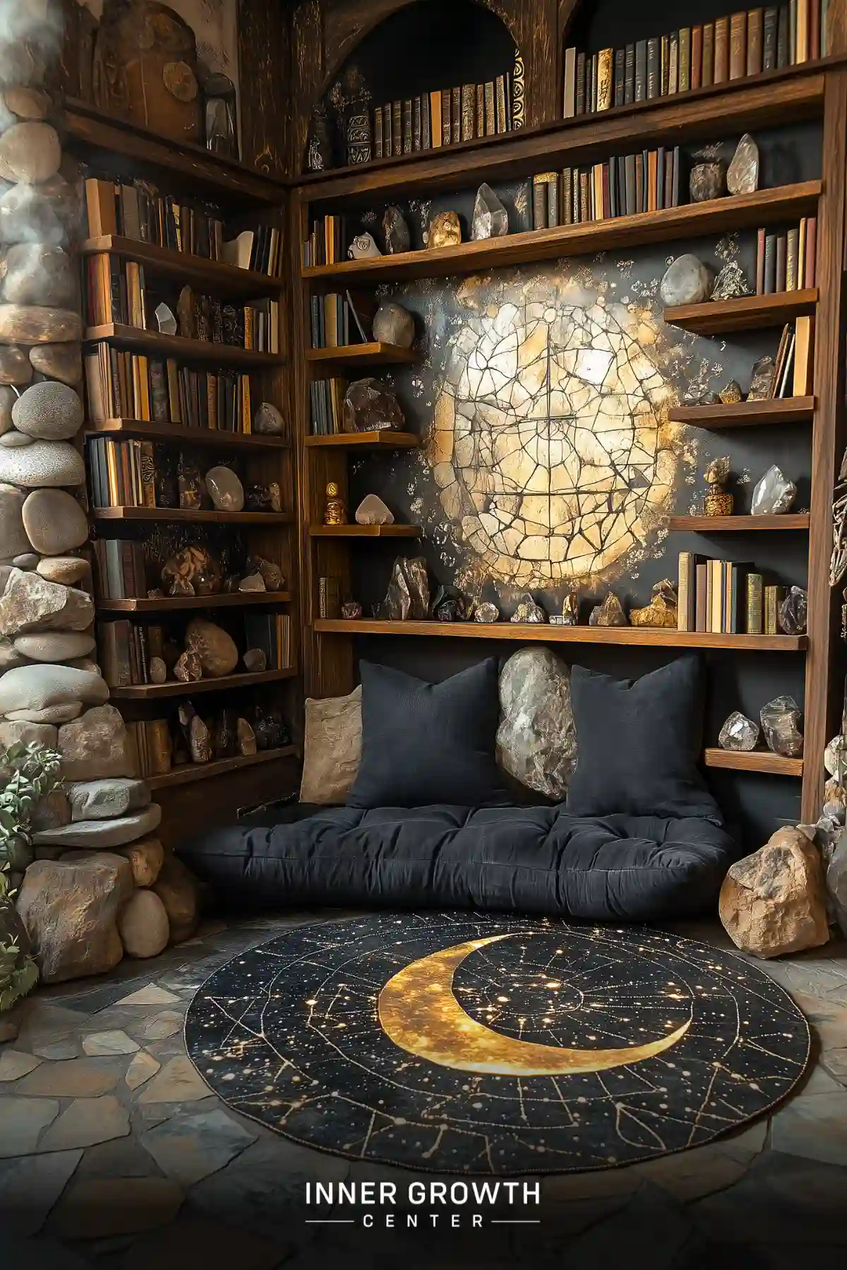 A cozy corner library with bookshelves, crystals, and celestial-themed decor creates a serene meditation space.