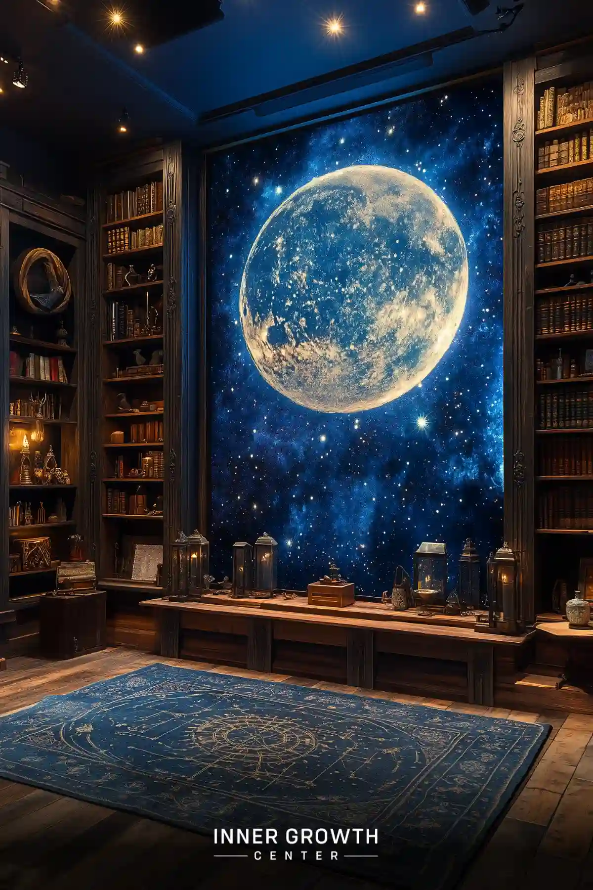 A dark wood library with floor-to-ceiling bookshelves featuring a large illuminated moon artwork and astrological carpet, adorned with lanterns and mystical objects