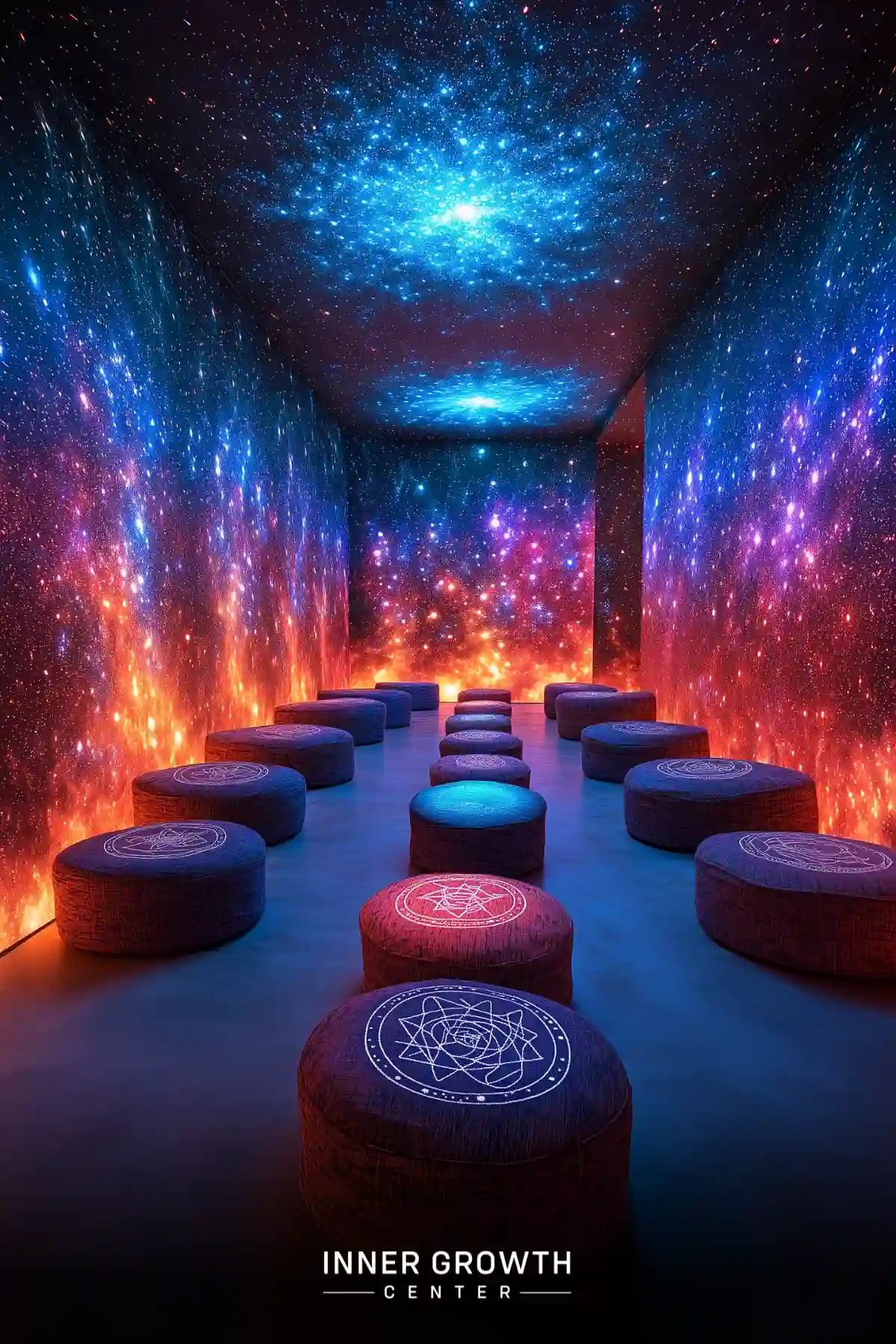 A dimly lit meditation room with circular cushions featuring sacred geometry patterns, surrounded by cosmic-themed projection walls displaying vibrant galaxies and stars.