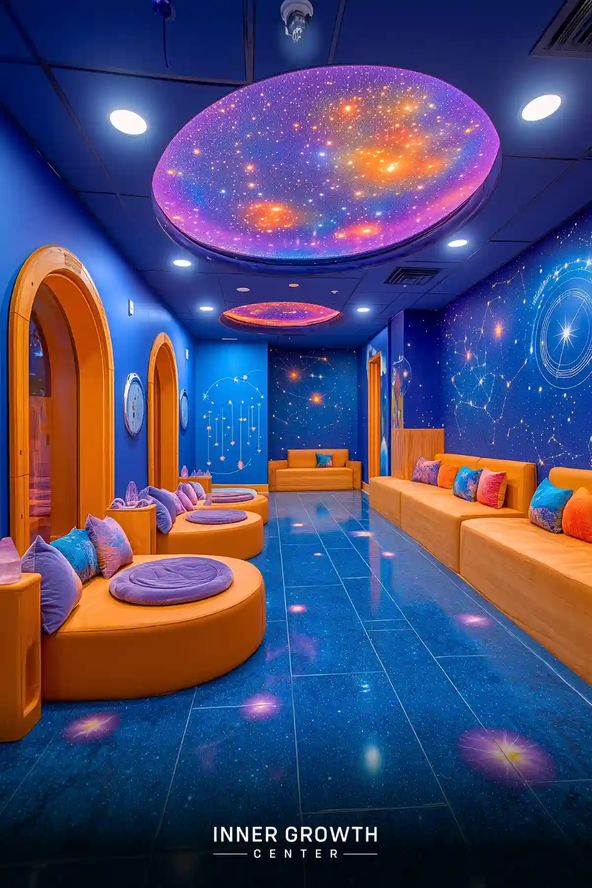 A meditation lounge featuring illuminated galaxy ceiling domes, constellation wall art, and orange circular seating with purple cushions against deep blue walls.