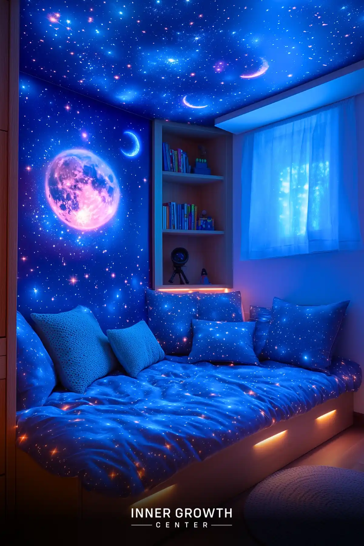 A cozy reading corner with galaxy-themed bedding and wall murals, featuring a built-in daybed, bookshelves, and moonlit ambiance.