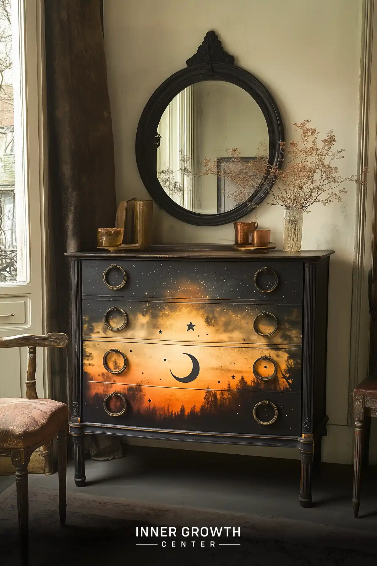 Vintage dresser painted with twilight sky scene featuring crescent moon and stars